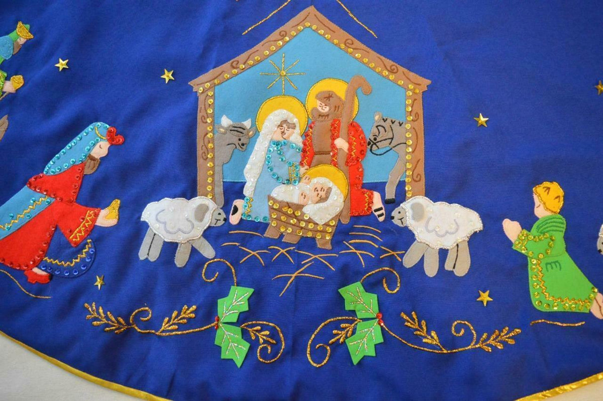 Hand made Bucilla felt applique blue Nativity scene Christmas tree skirt 56"