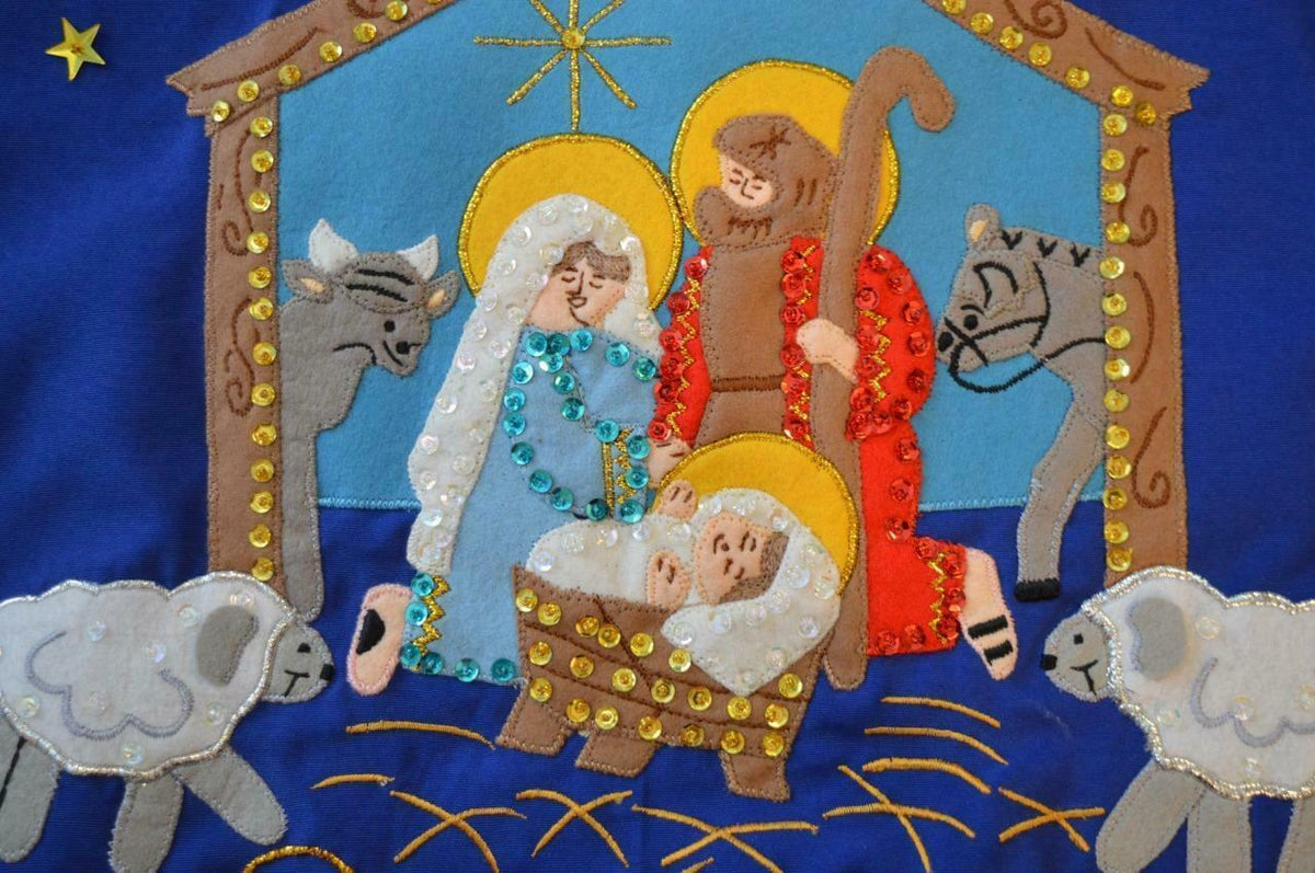 Hand made Bucilla felt applique blue Nativity scene Christmas tree skirt 56"