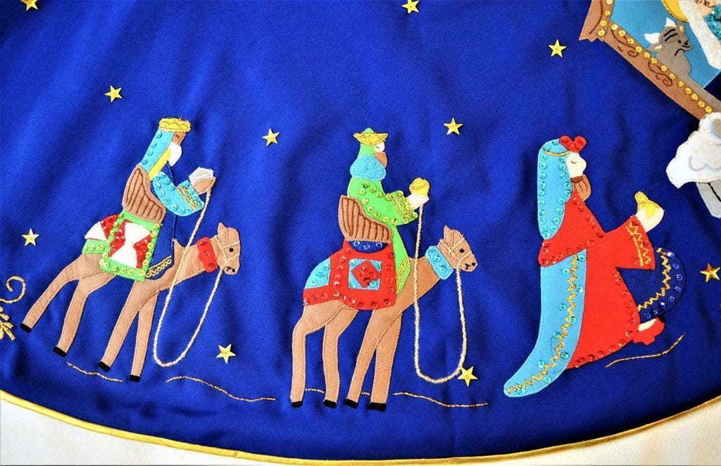 Hand made Bucilla felt applique blue Nativity scene Christmas tree skirt 56"