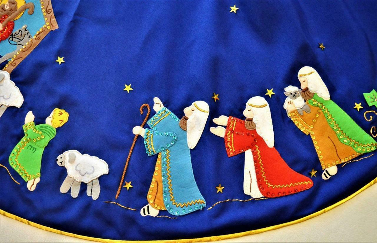 Hand made Bucilla felt applique blue Nativity scene Christmas tree skirt 56"