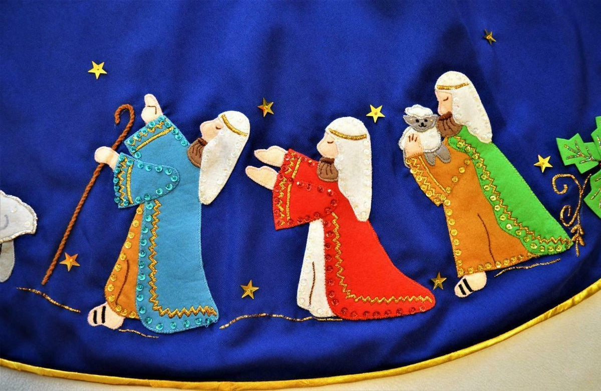 Hand made Bucilla felt applique blue Nativity scene Christmas tree skirt 56"