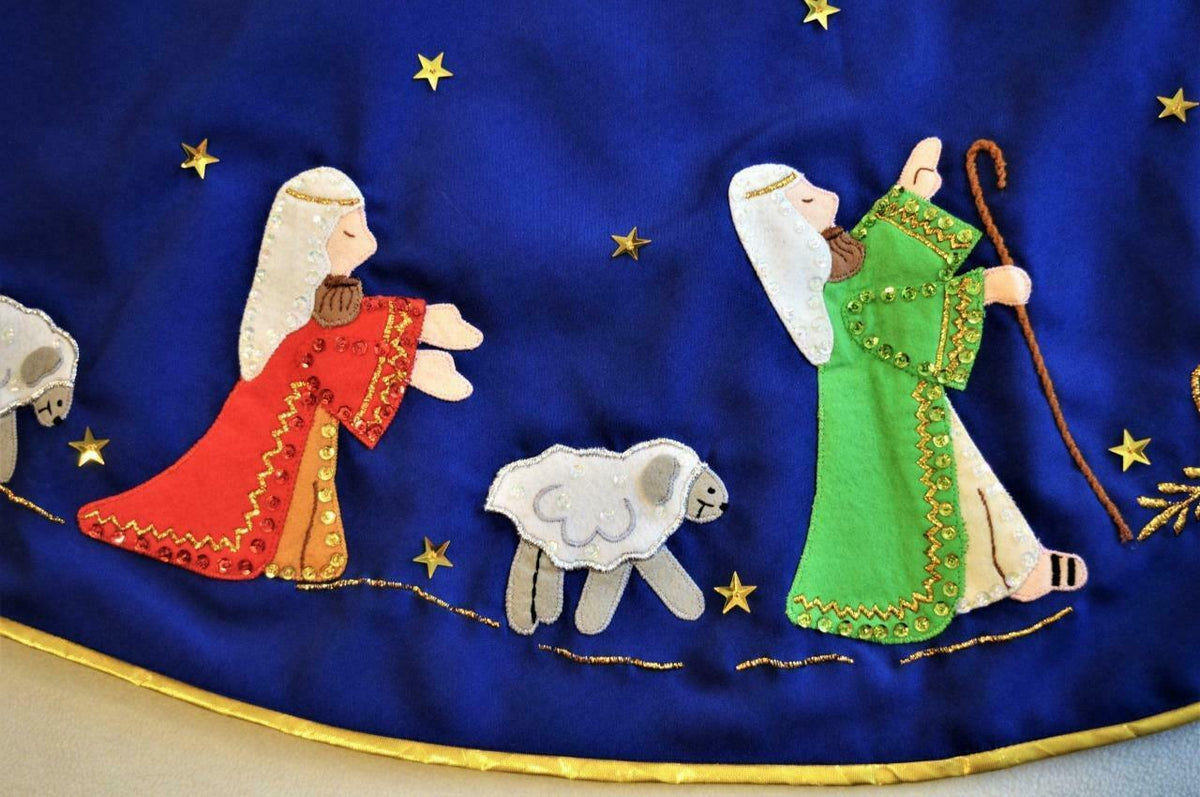 Hand made Bucilla felt applique blue Nativity scene Christmas tree skirt 56"