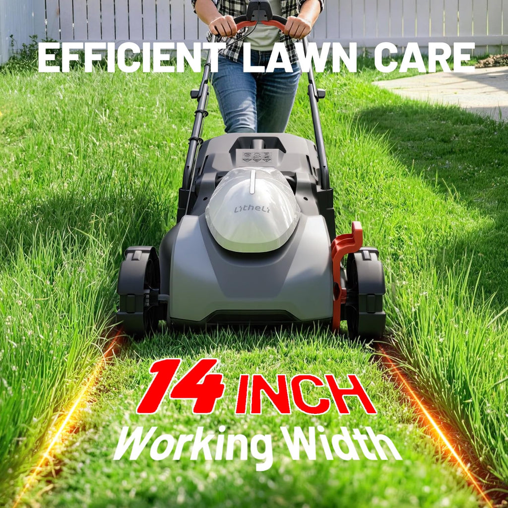 Cordless Lawn Mower 14 Inch, Brushless Battery Powered Push Mower with 2x5Ah Batteries, 5-Position Height Adjustment, 9-Gallon Bag, Lightweight Grass Cutter for Garden Yard Farm