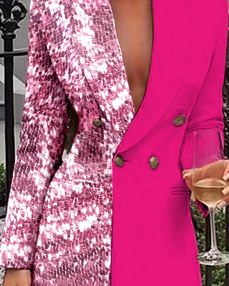 Sequins Colorblock Double Breasted Blazer Dress