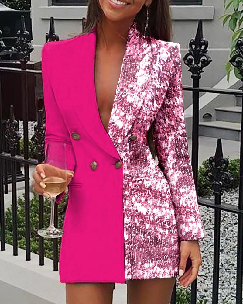 Sequins Colorblock Double Breasted Blazer Dress