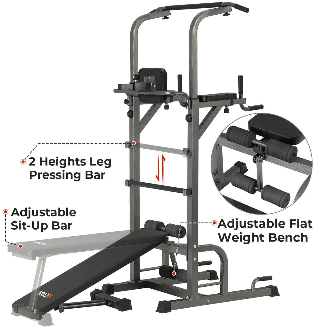Upper Body, Core, &amp; Back Home Workout Steel Power Tower with Bench Pull Up Bar Dip Station, 7 Height Adjustable Pull Up Tower for Home Gym Strength Training Exercise Workout Equipment,400LBS