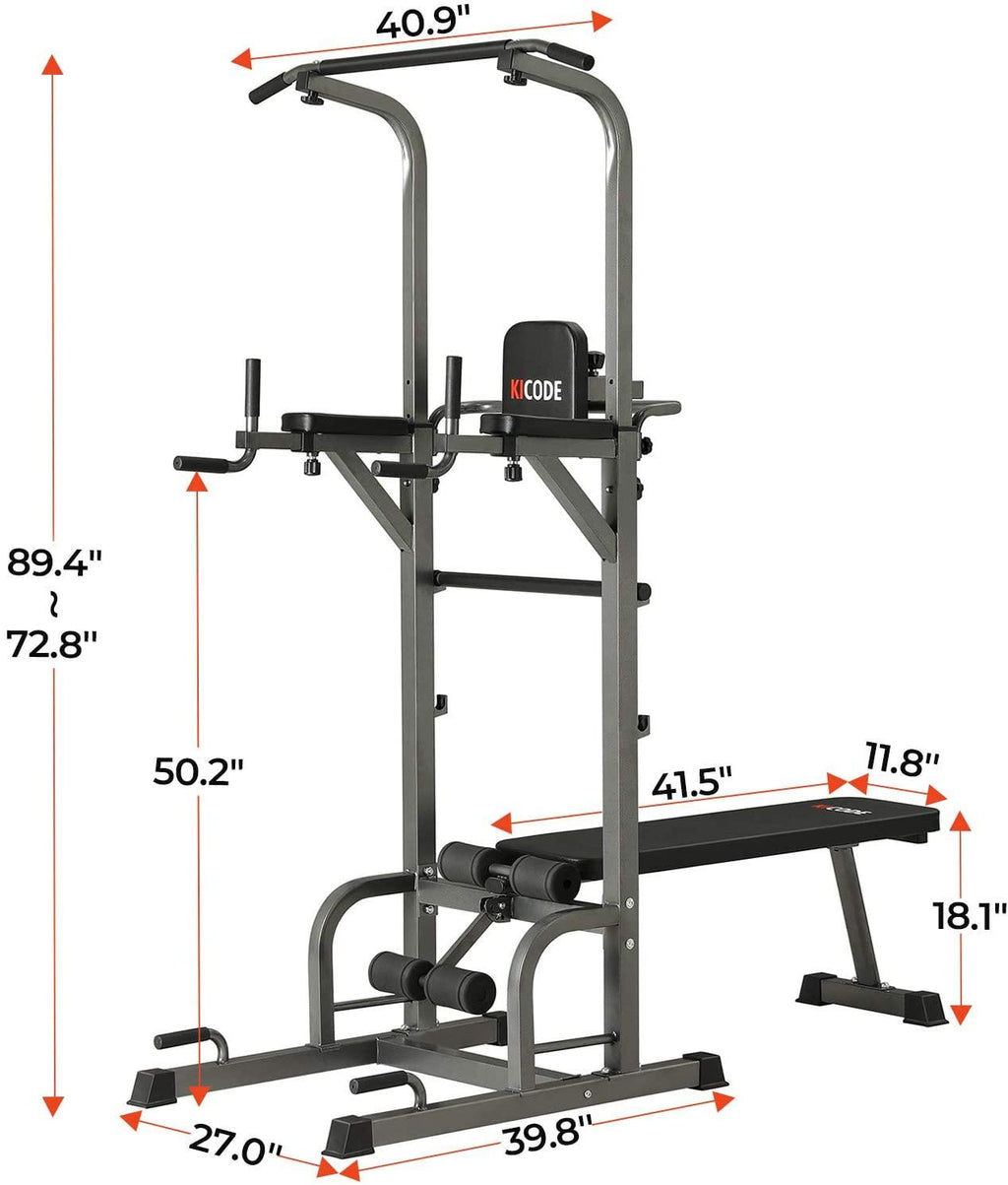 Upper Body, Core, &amp; Back Home Workout Steel Power Tower with Bench Pull Up Bar Dip Station, 7 Height Adjustable Pull Up Tower for Home Gym Strength Training Exercise Workout Equipment,400LBS