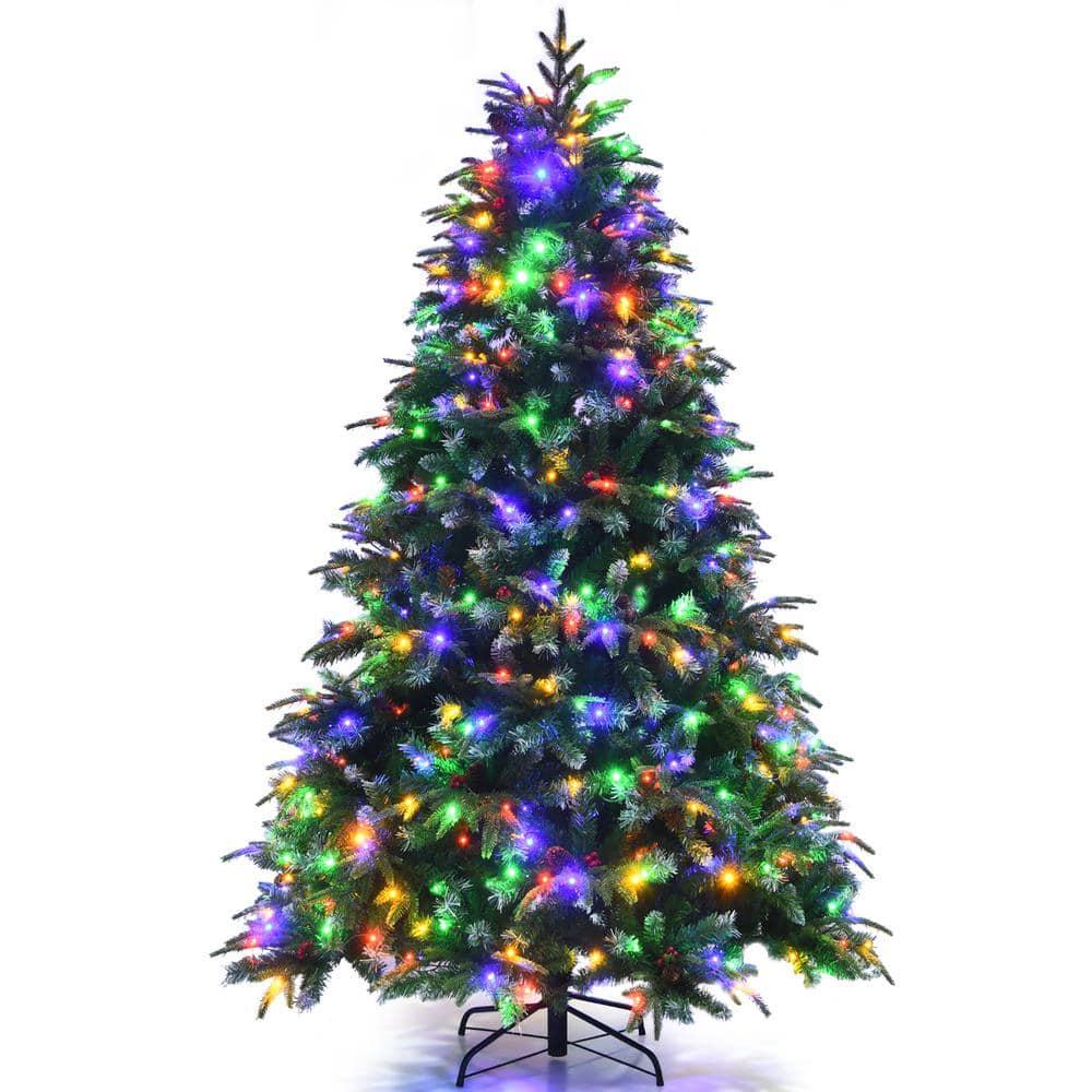 7 ft. Pre-Lit Snowy Artificial Christmas Tree Hinged Tree 11 Flash Modes with 450 Multi-Color Lights