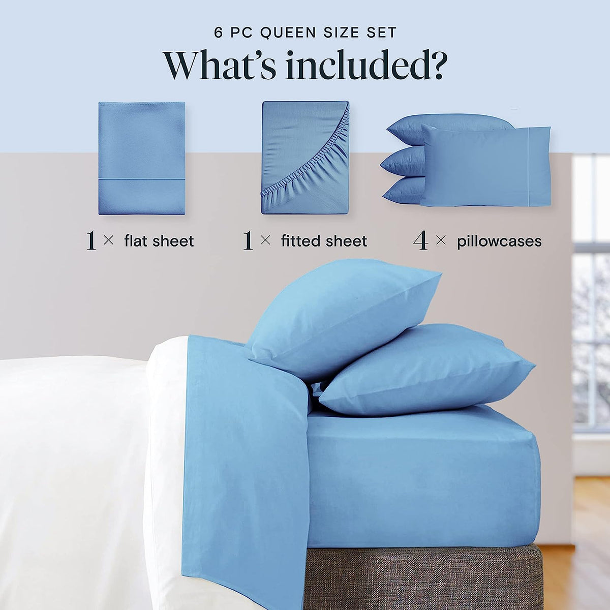 LuxClub 6 PC Full Size Sheet Set Bamboo Sheets Deep Pockets 18" Eco Friendly Wrinkle Free Cooling Sheets Machine Washable Hotel Bedding Silky Soft - Denim Full