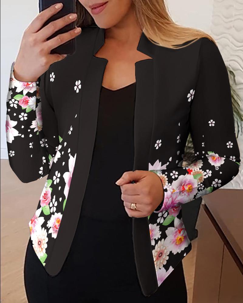 Floral Print Cutout Design Long Sleeve Blazer Coat