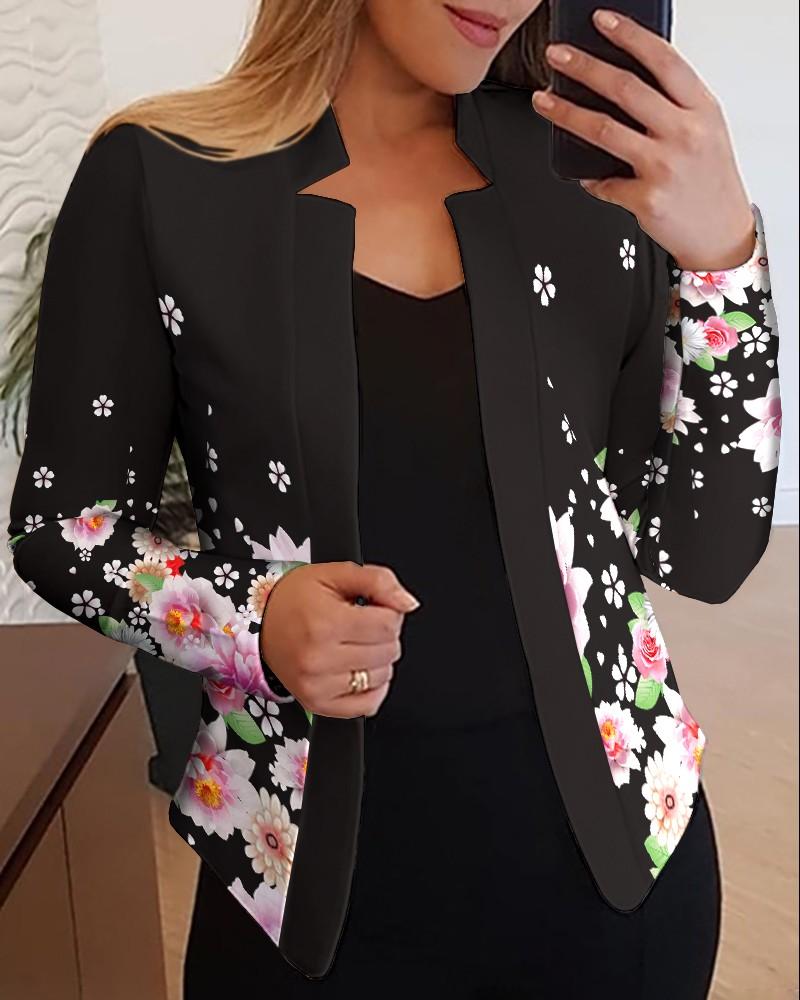 Floral Print Cutout Design Long Sleeve Blazer Coat