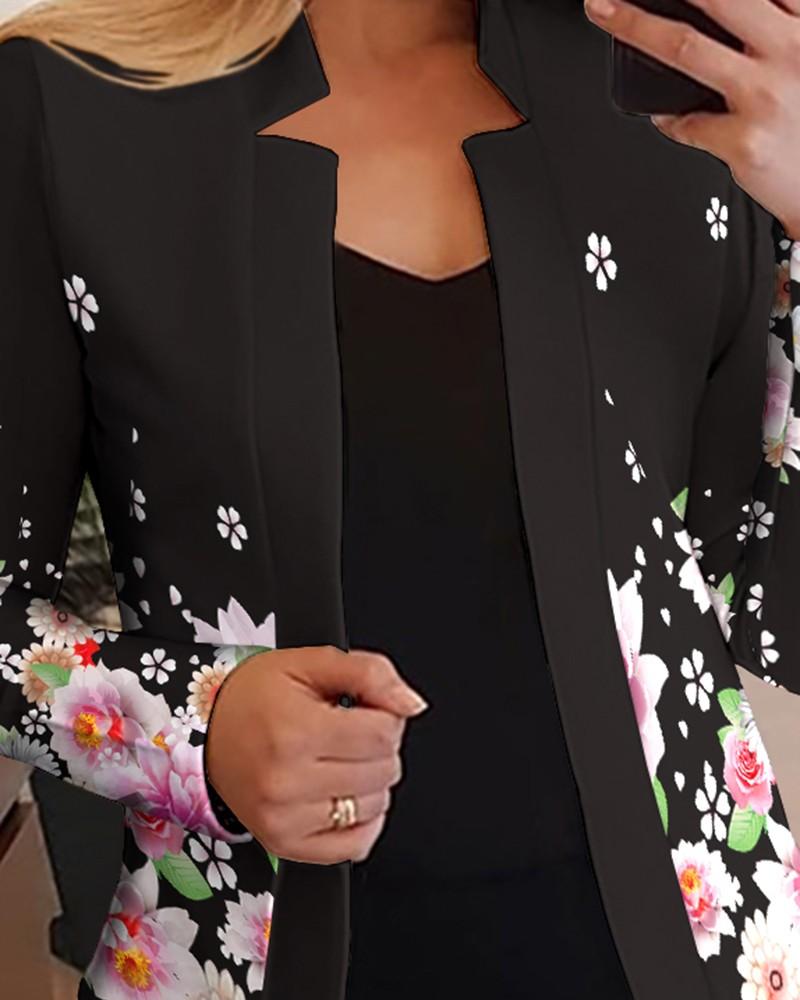 Floral Print Cutout Design Long Sleeve Blazer Coat