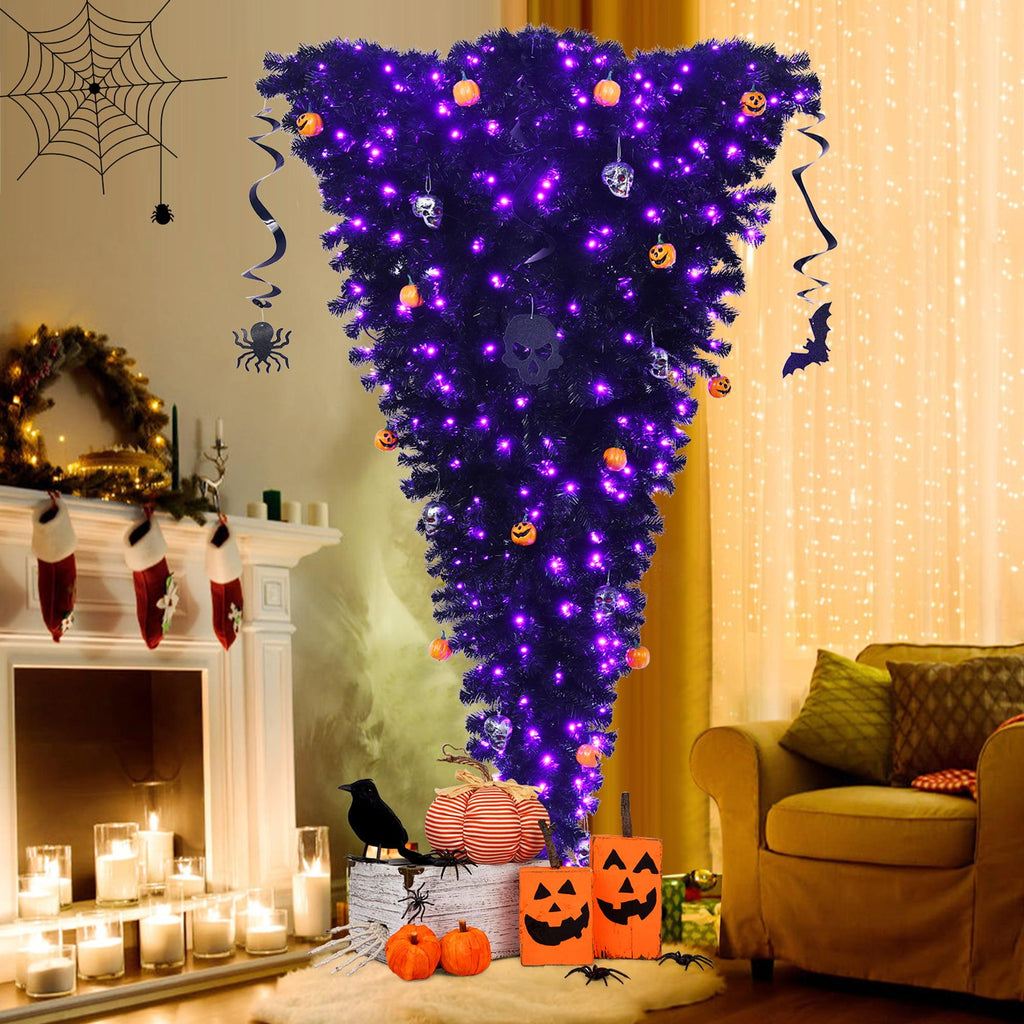 Gymax 7FT Pre-lit Upside Down Black Halloween Tree Artificial Christmas Tree