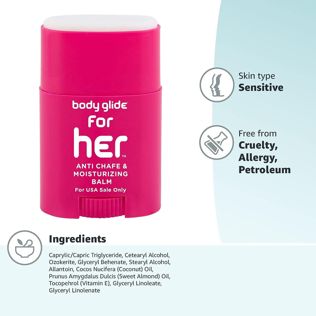 Body Glide For Her Anti Chafe Balm: anti chafing stick with added emollients. Prevent rubbing leading to chafing, raw skin, and irritation. Use for arm, chest, bra, butt, groin, &amp; thigh chafing: 0.8oz