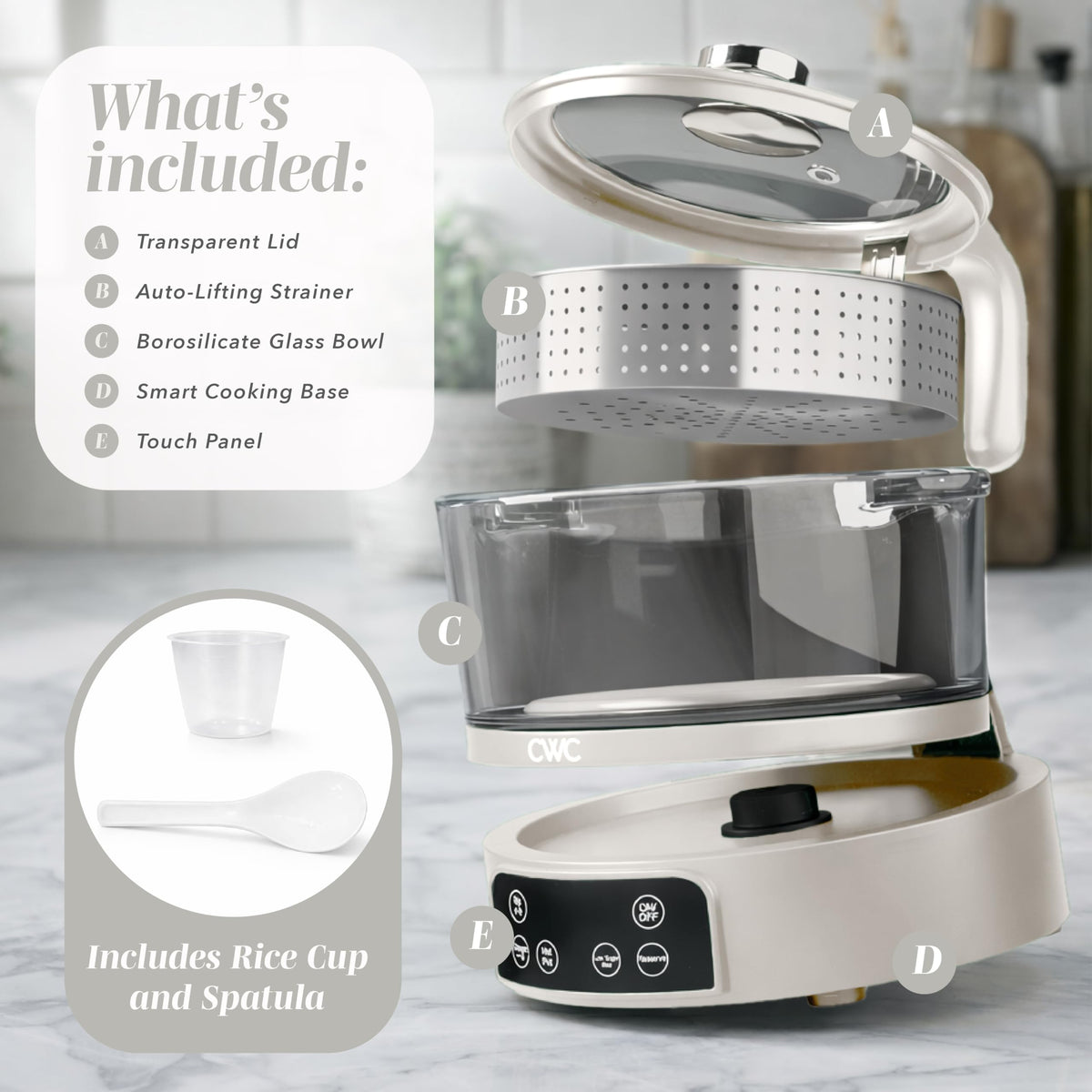Glass Mini Low Carb Rice Cooker – Holds 2 Cups Raw/Makes 6 Cups Cooked with Auto Lift Filter Basket, Hotpot & Steamer for Rice, Grains, Digital Panel with Keep Warm, Cream