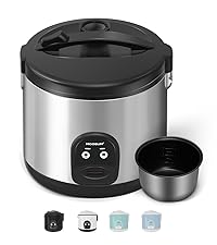 3-Cup Uncooked Rice Cooker Small - Ceramic Coating Non-Toxic Inner Pot, One-Touch Multifunction for Rice/Sauté/Yogurt, Dishwasher Safe, 1-3 People Size,  Steel