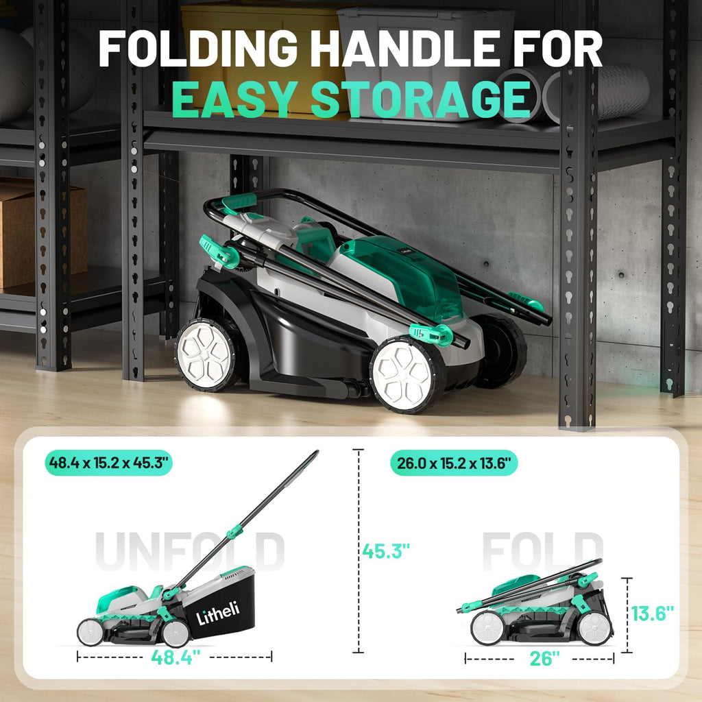 13.1inch Electric Lawn Mower Cordless,Grass Cutter Machine for 1600 Sq.Ft.Lawnmower with Brushless Motor, 8 Gallon Capacity, Cutting Height from 1 to 2.5 in, Includes 1X4.0 Ah Battery