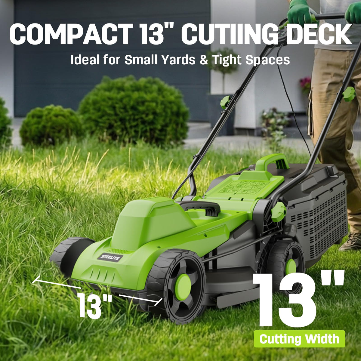 Corded Lawn Mower, 13-Inch Electric Lawn Mower with 1300W Motor, 5-Position Height Adjustment, 8-Gallon Grass Collection Bag, Lightweight Push Mower for Small Lawns