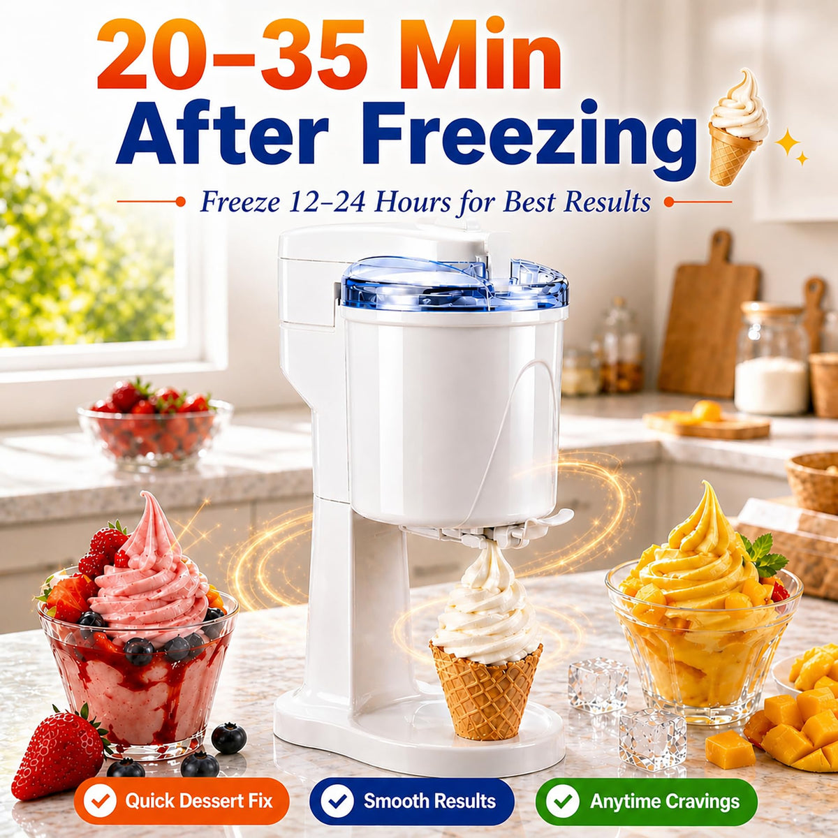 Electric 1.0 Qt Soft Serve Ice Cream Machine with Freezer Bowl, Countertop Ice Cream Maker Machine, Homemade Ice Cream Swirl, Sorbet & Frozen Yogurt Maker, Easy to Clean,Fast Churn 20-35 Minutes