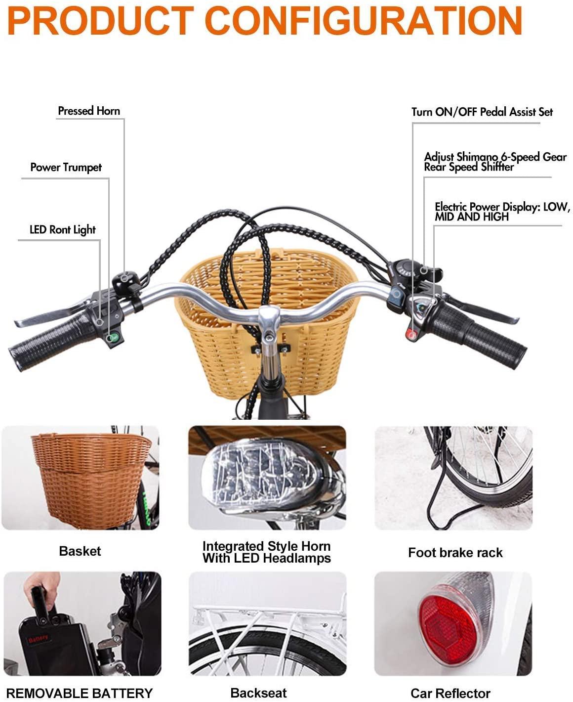 Electric Bike Adult Electric Biycle Assisted Bicycle for Female Men with Removable 250W36V LarCapacity Lithium Battery and Charger (26 Inches ebike) (Lady White)