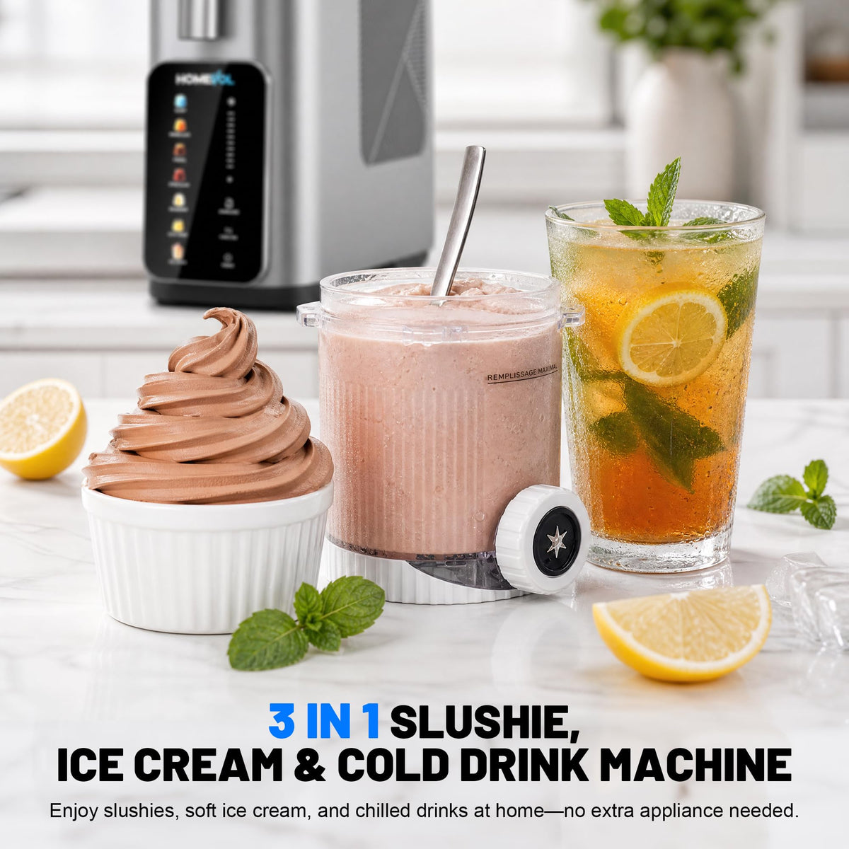 3-in-1 Slushie Machine, Ice Cream Maker & Frozen Drink Maker with 7 Preset Programs, No Ice Needed, 10 Mins Rapid Chill, 260 oz/Hour, LED Display, 304  Steel, Removable Cup & Stirrer