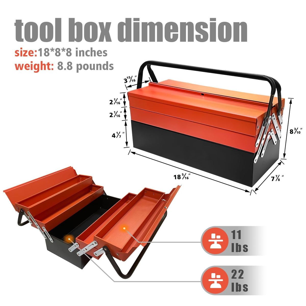 Metal Cantilever Tool Box, 18" * 8" * 8" Fold Out Tool Organizer with 3 Layers & 5 Trays, Portable Storafor Home, Studio, Auto Repair & Factory (Orange)