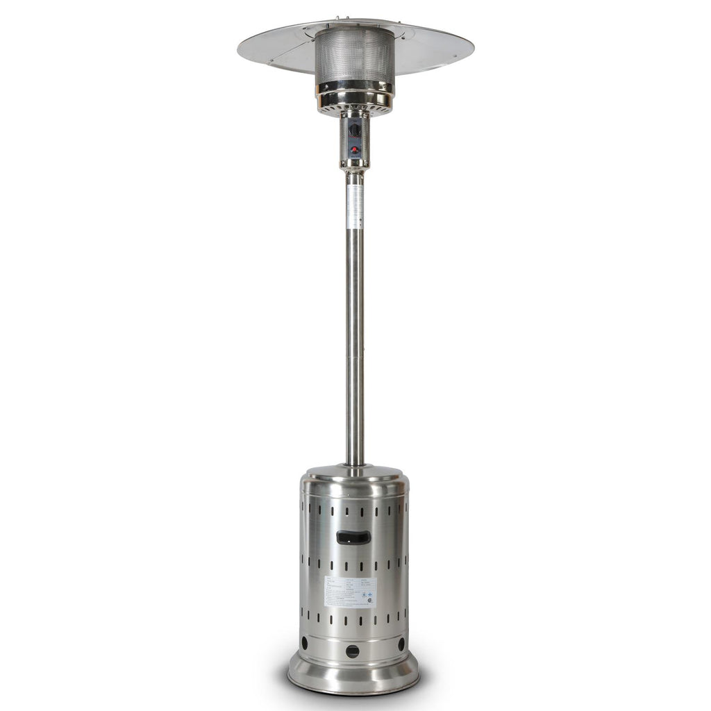 Dcenta 46000BTU Propane Stainless Steel Mushroom Outdoor Patio with Hollow Pattern on Tank housing, with Two Smooth-rolling Wheels,with Hose Set,with Black Cover,Pole in Two Pieces(Upper and Botto