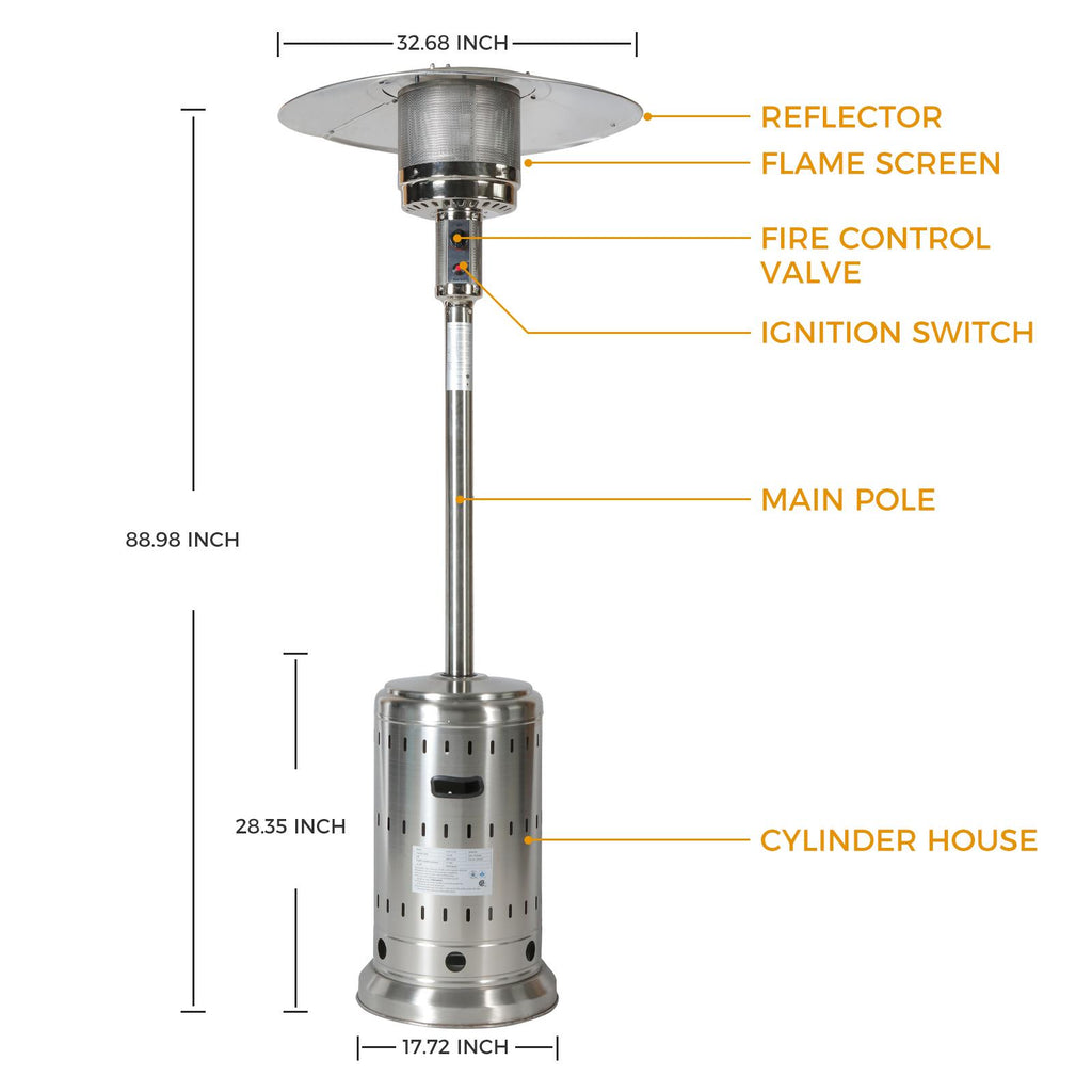 Dcenta 46000BTU Propane Stainless Steel Mushroom Outdoor Patio with Hollow Pattern on Tank housing, with Two Smooth-rolling Wheels,with Hose Set,with Black Cover,Pole in Two Pieces(Upper and Botto