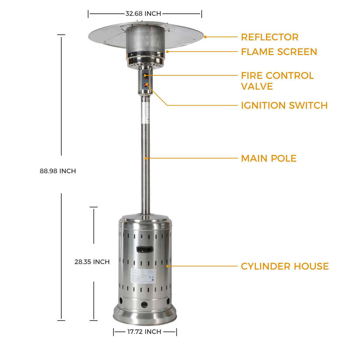 Dcenta 46000BTU Propane Stainless Steel Mushroom Outdoor Patio with Hollow Pattern on Tank housing, with Two Smooth-rolling Wheels,with Hose Set,with Black Cover,Pole in Two Pieces(Upper and Botto