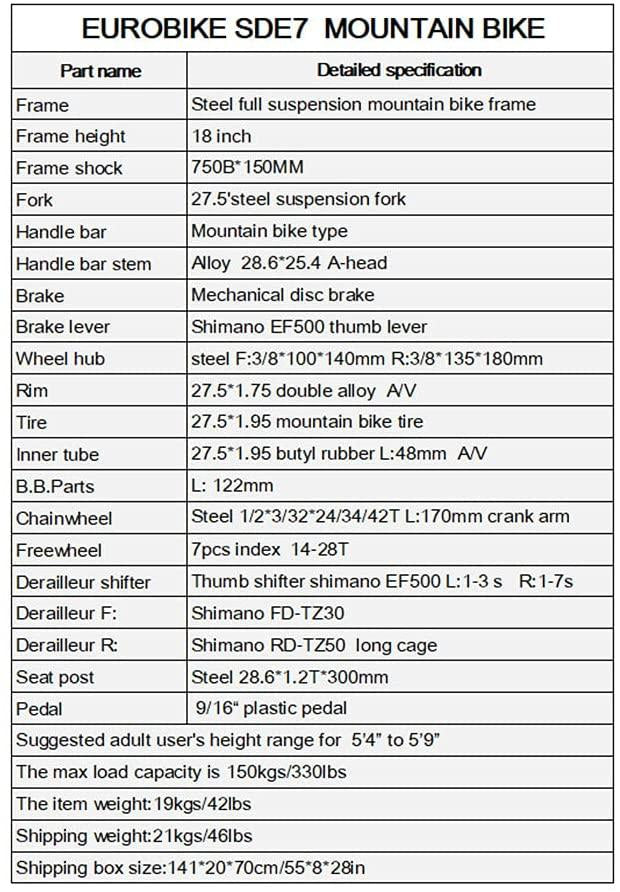 Eurobike E7 Adult Mountain Bike 18 inch Steel Frame 27.5 inch Muti Spoke Double Alloy Wheel Disc Brake 21 Speed Gears Full Suspension MTB Bicycle