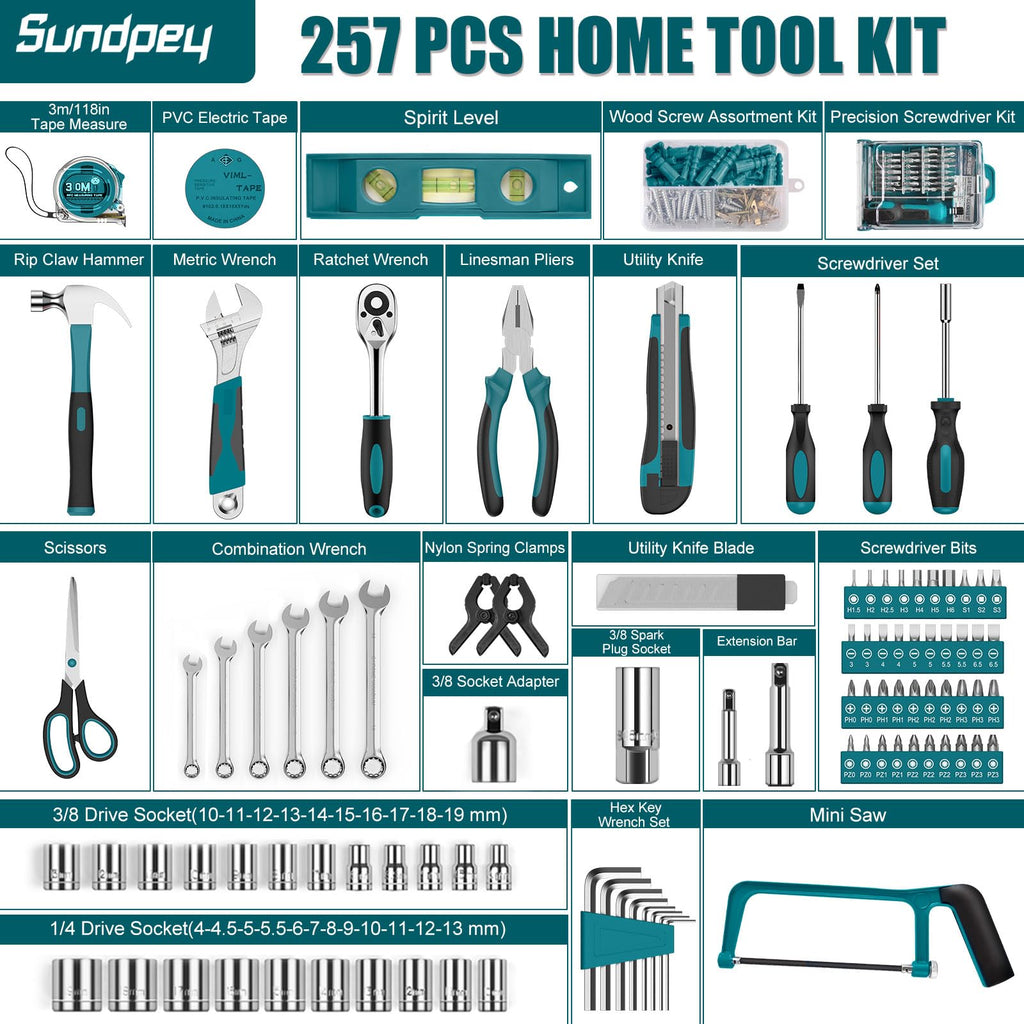 Home Tool Kit 257-PCs - Household Basic Repair Tool Set for Men Women - General Hand Mechanic's Tool Set & Screwdriver Set & Wrench Set & Socket & Portable Tool Box StoraCase Blue