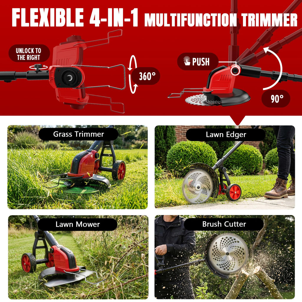 20000 RPM Electric Weed Wacker with Wheel,12″ Brushless Cordless Weed Eater Battery Powered, 4-in-1 Brush Cutter/String Trimmer/Grass Trimmer/Lawn Mower,Edger Stringless Weed Trimmer,5 Blade,2 Battery