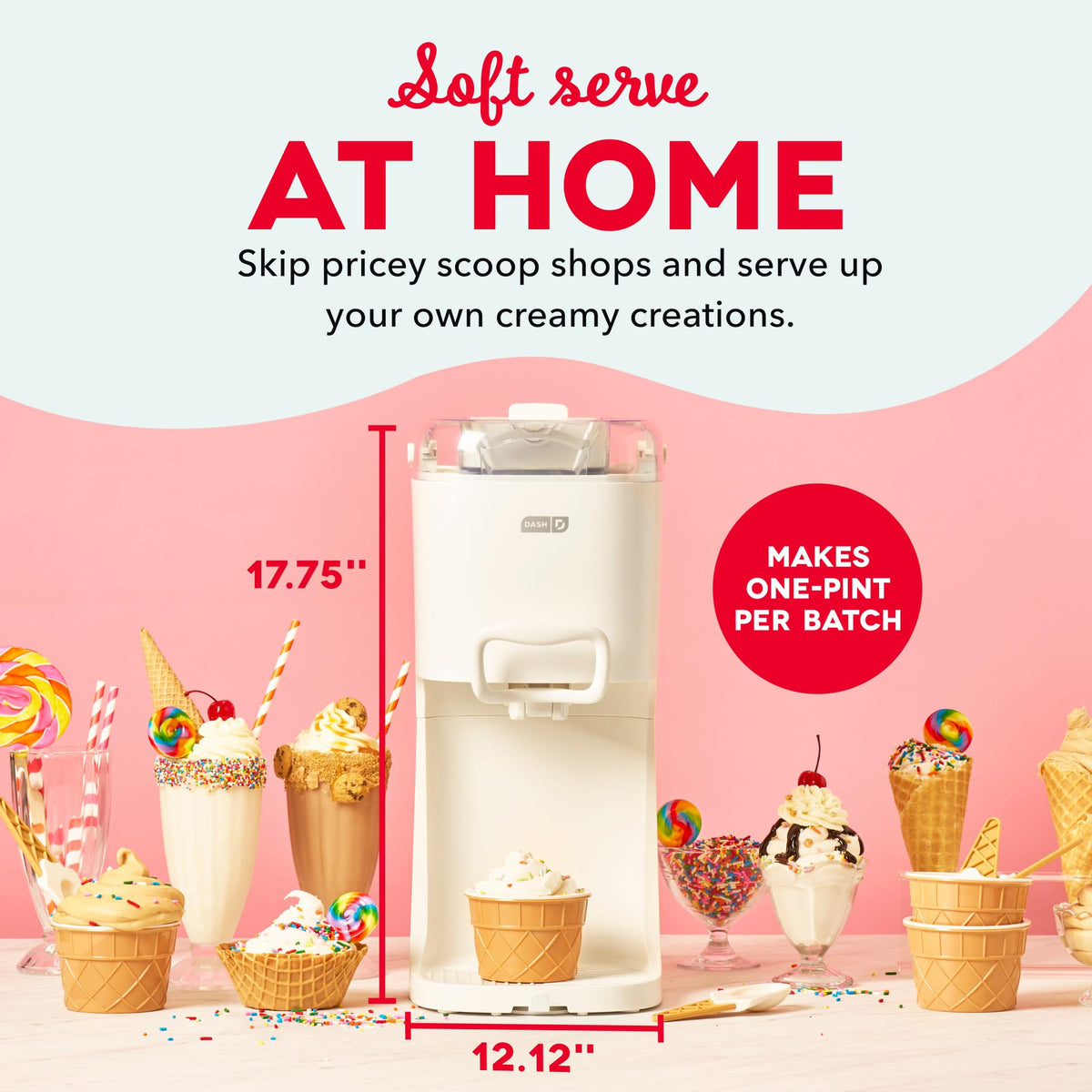 Soft Serve Ice Cream Maker | Frozen Yogurt, Sorbet, and Gelato - Countertop Ice Cream Machine for Home with Freezer Bowl, Ingredient Chute, & Dispensing Lever - Includes 4 Serving Bowls & Spoons