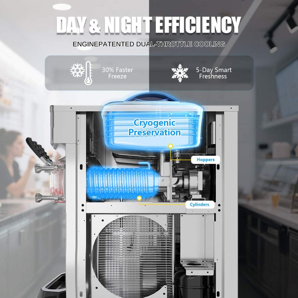 Commercial Ice Cream Maker, 6.8-8.4 Gal/H, 2 * 8L Hopper 110V Countertop Soft Serve Ice Cream Machine, 3 Flavors Puffing Alarm Pre-Cooling For Shops Cafes Dessert Stores, Auto Clean & Touch Screen