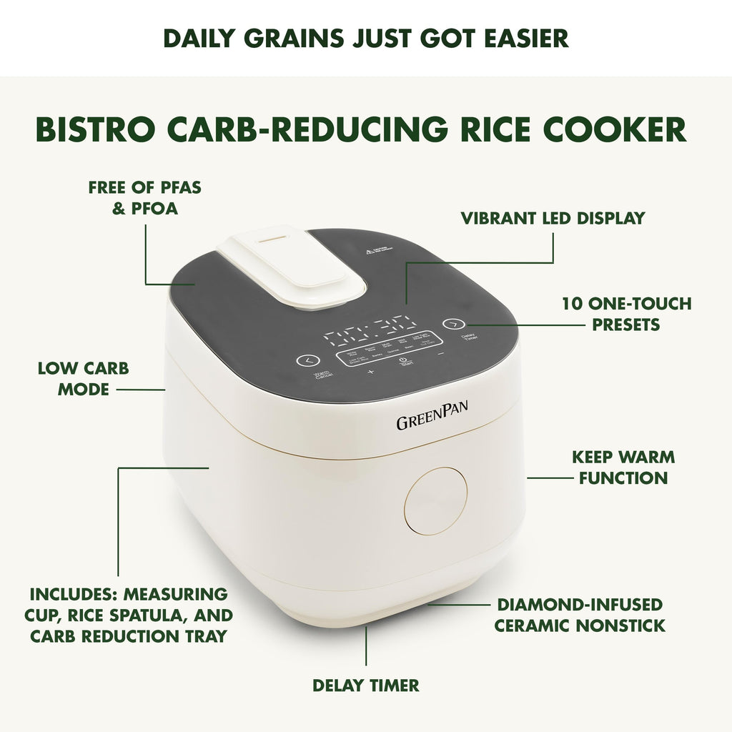 Carb Reducing Electric Rice Cooker, 4 Cups Uncooked/8 Cooked Rice, 10 Presets, LED Display, Healthier Meals, Delay Timer, PFAS-Ceramic Nonstick Removable Bowl, Cool Touch, Steam, Cream