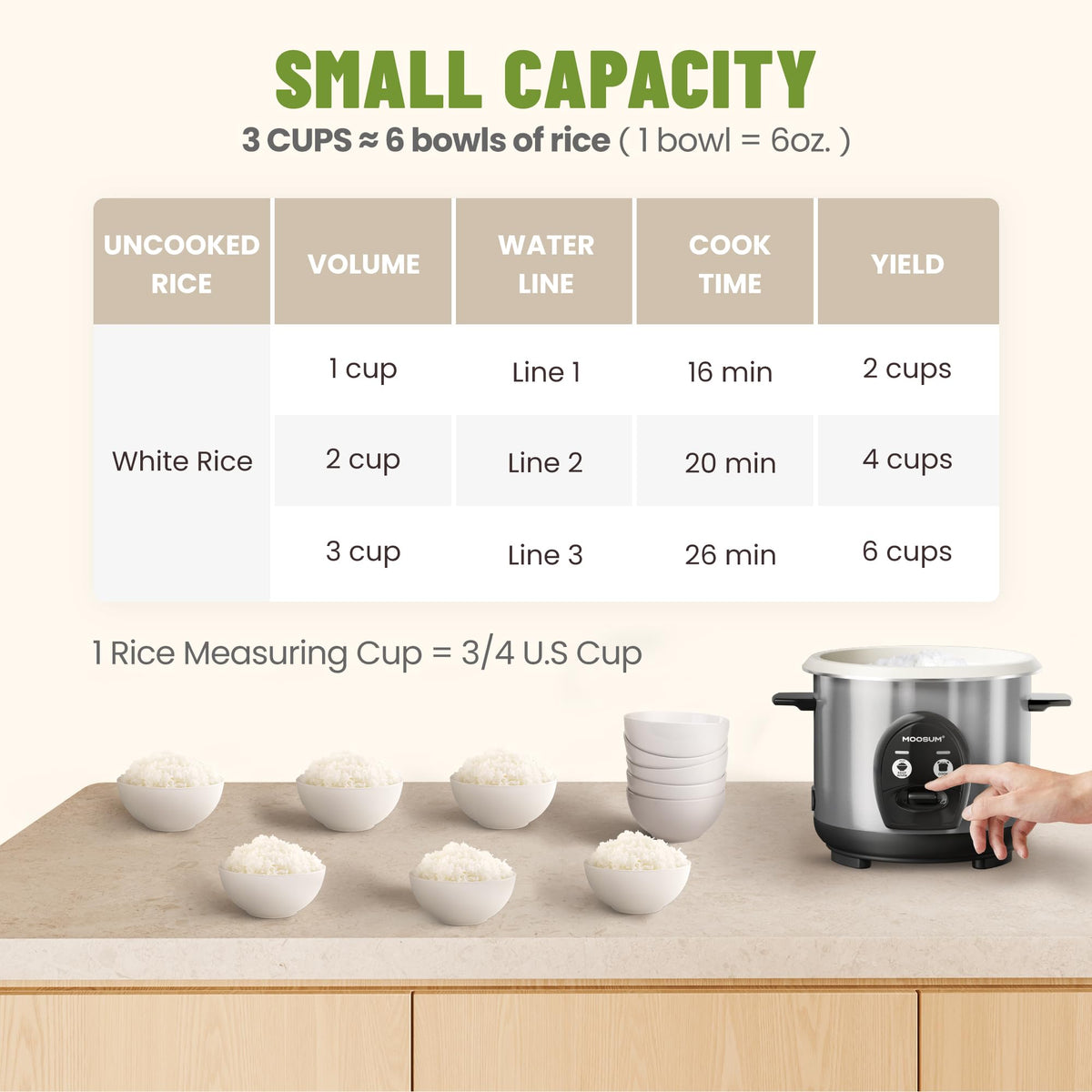 3-Cup Uncooked Rice Cooker Small - Ceramic Coating Non-Toxic Inner Pot, One-Touch Multifunction for Rice/Sauté/Yogurt, Dishwasher Safe, 1-3 People Size,  Steel