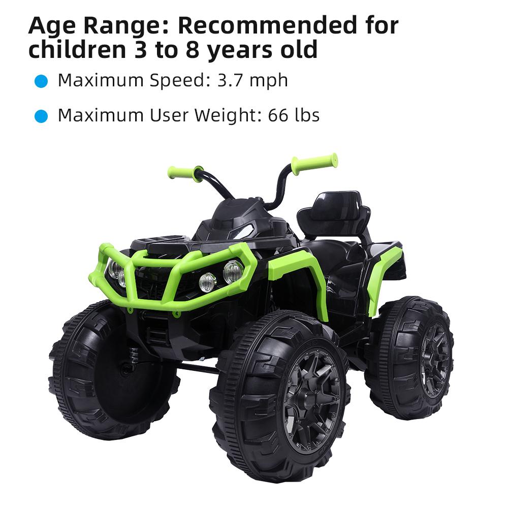 Clearance! Battery Powered Ride ON Toys, Kids 12v Ride ON Toys Car, 4-Wheeler ATV Ride ON Car w/ 3.7mph Max, 2 Speed, LED Lights, AUX Jack, Radio, Electric Motorcycle for Boys/Girls, Green, W1851