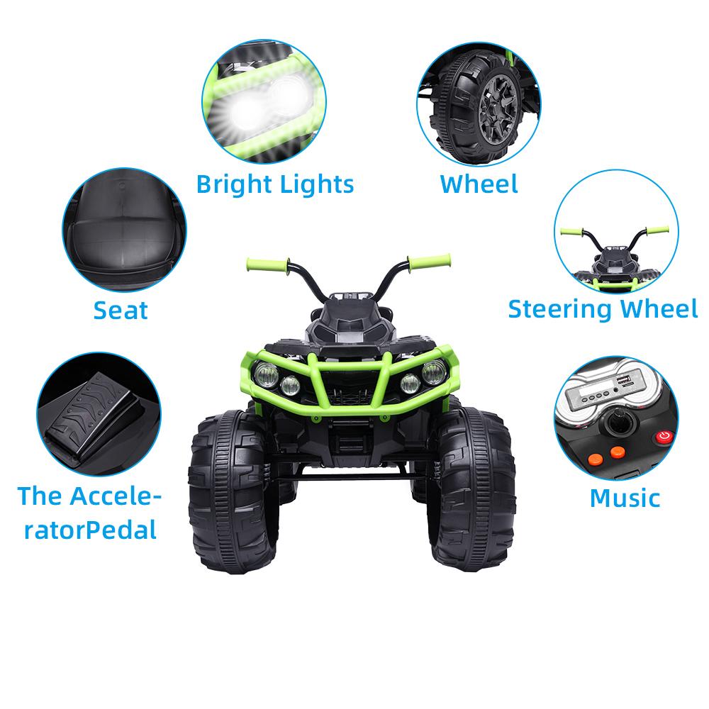 Clearance! Battery Powered Ride ON Toys, Kids 12v Ride ON Toys Car, 4-Wheeler ATV Ride ON Car w/ 3.7mph Max, 2 Speed, LED Lights, AUX Jack, Radio, Electric Motorcycle for Boys/Girls, Green, W1851