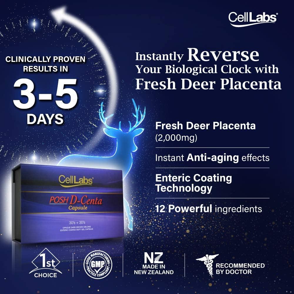 CellLabs Posh D-Centa Fresh Deer Placenta 2000mg Live Stemcell Supplement | Powerful Anti-Aging Formula | Marine Collagen | Immunity Booster | Skin Vitamins | Made from New Zealand 1x Box