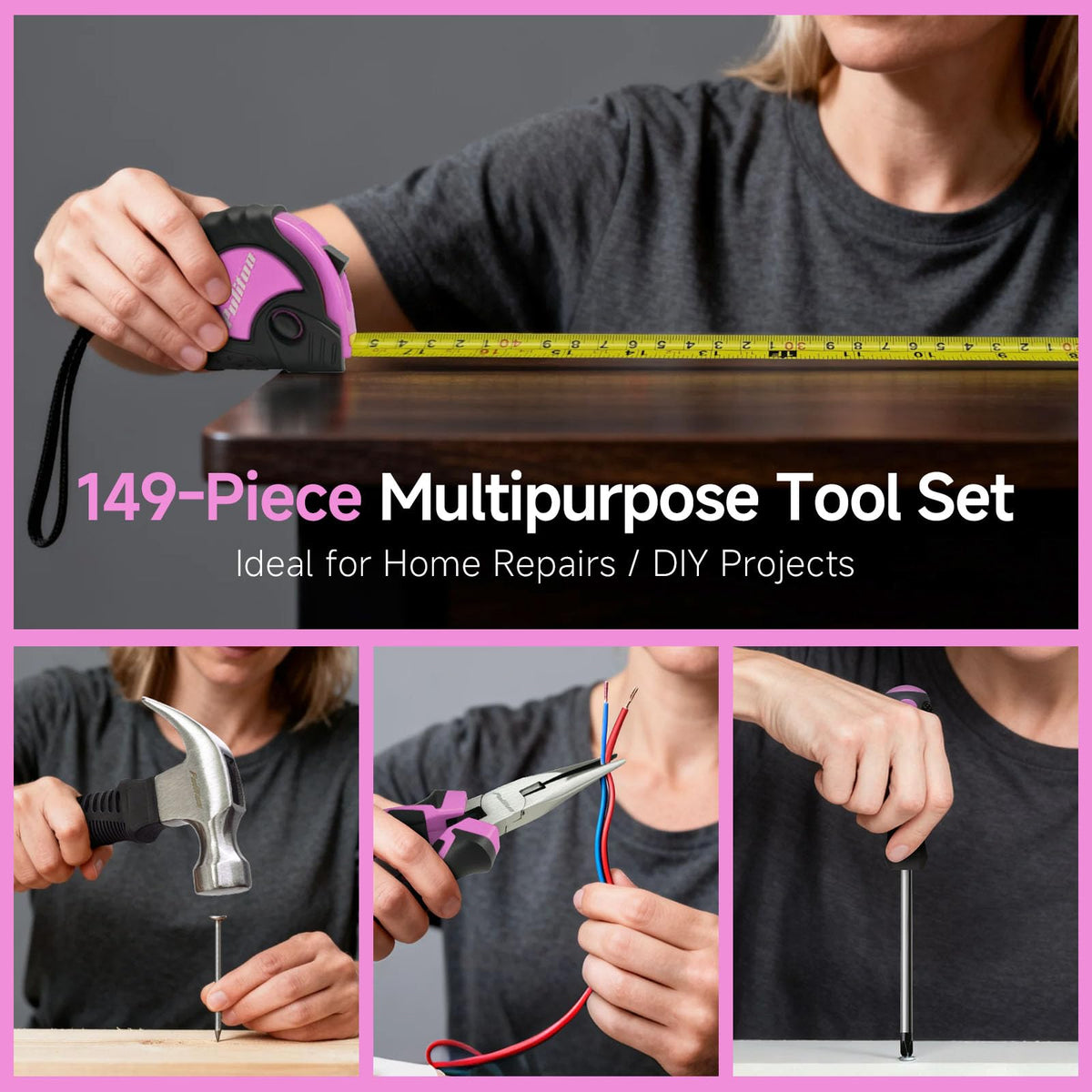 Drill Set, 149-Piece Home Tool Set with 12V Pink Cordless Drill, Tool Box, Hand Tool Kits for Women & Men and DIY Enthusiasts, for Home Improvement