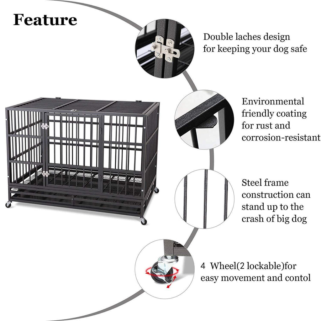 ITORI Heavy Duty Dog Cage-Strong Folding Metal Crate Kennel and Playpen for Medium and LarDogs with Double Door, Two Lock, Tray and Rolling Wheels(36 42 48)