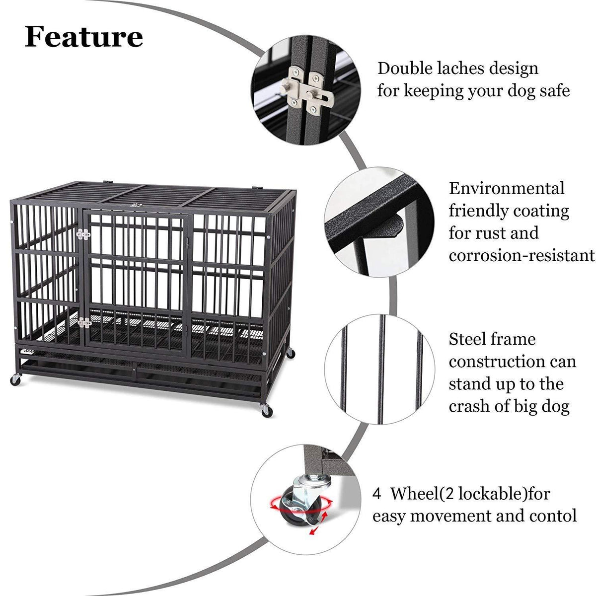 ITORI Heavy Duty Dog Cage-Strong Folding Metal Crate Kennel and Playpen for Medium and LarDogs with Double Door, Two Lock, Tray and Rolling Wheels(36 42 48)