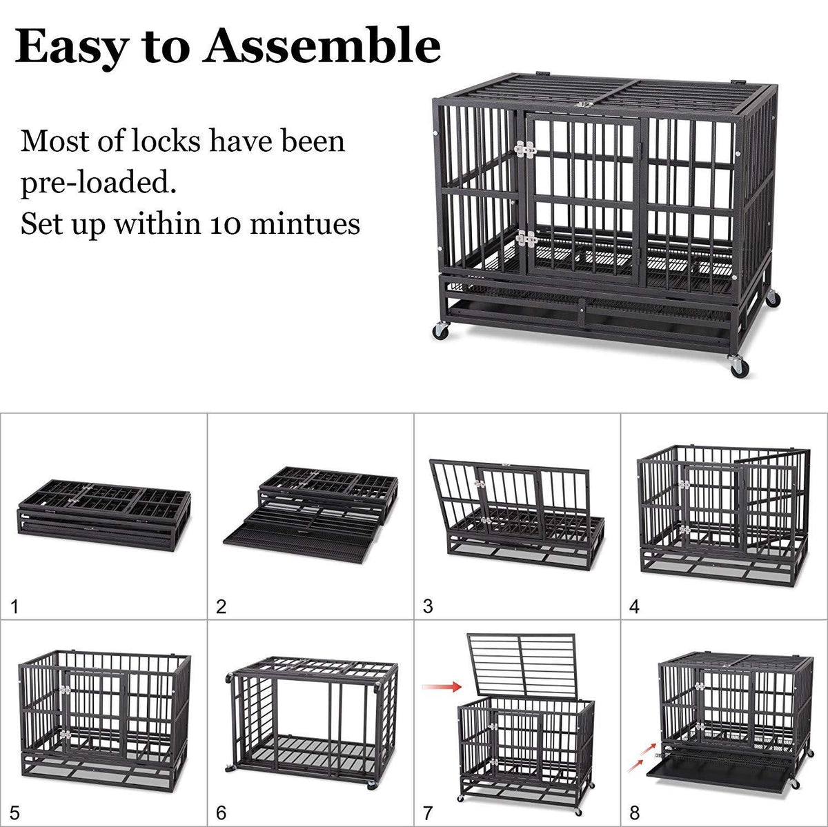 ITORI Heavy Duty Dog Cage-Strong Folding Metal Crate Kennel and Playpen for Medium and LarDogs with Double Door, Two Lock, Tray and Rolling Wheels(36 42 48)