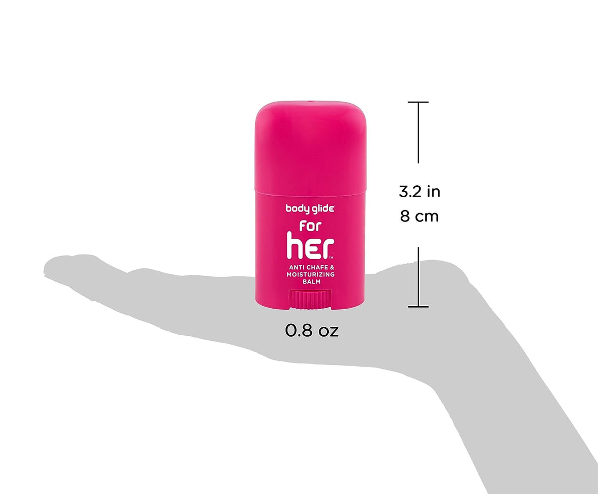 Body Glide For Her Anti Chafe Balm: anti chafing stick with added emollients. Prevent rubbing leading to chafing, raw skin, and irritation. Use for arm, chest, bra, butt, groin, &amp; thigh chafing: 0.8oz