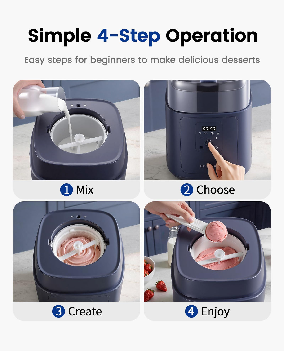 4-in-1 Compressor Ice Cream Maker (1.0Qt), No Pre-Freezing, Automatic Yogurt Maker, Gelato Sorbet Frozen Yogurt Soft Serve Machine, Compact Vertical  for Home Kitchen(Blue)