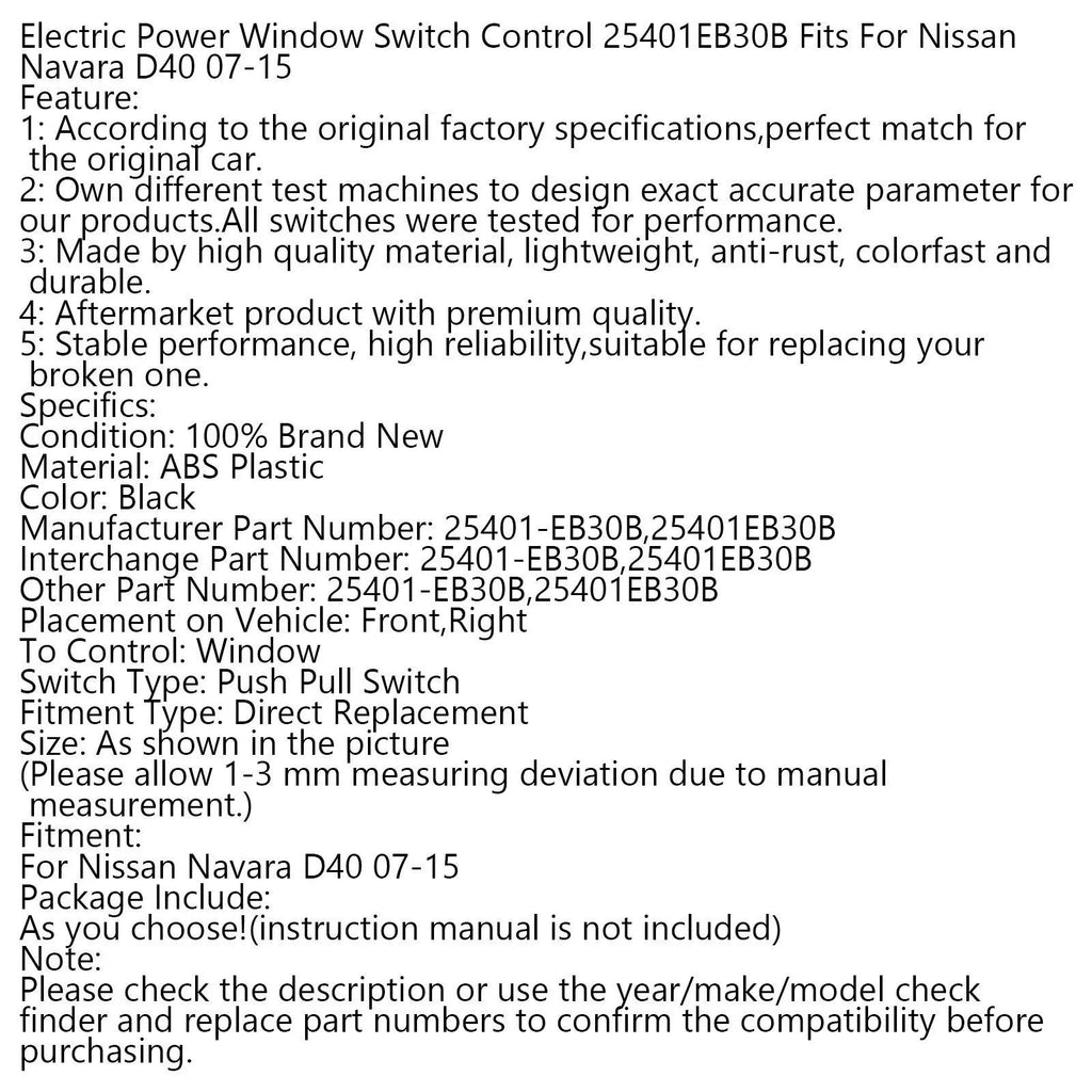 2007-2015 Nissan Navara D40 Electric Power Window Switch Control 25401EB30B Fits Generic