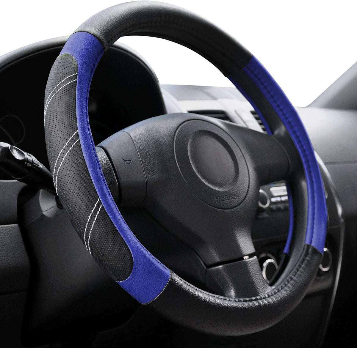 Elantrip Steering Wheel Cover Leather 14 1/2 to 15 inch Universal Padded Soft Grip Breathable for Car Truck SUV Jeep Anti Slip Blue and Black