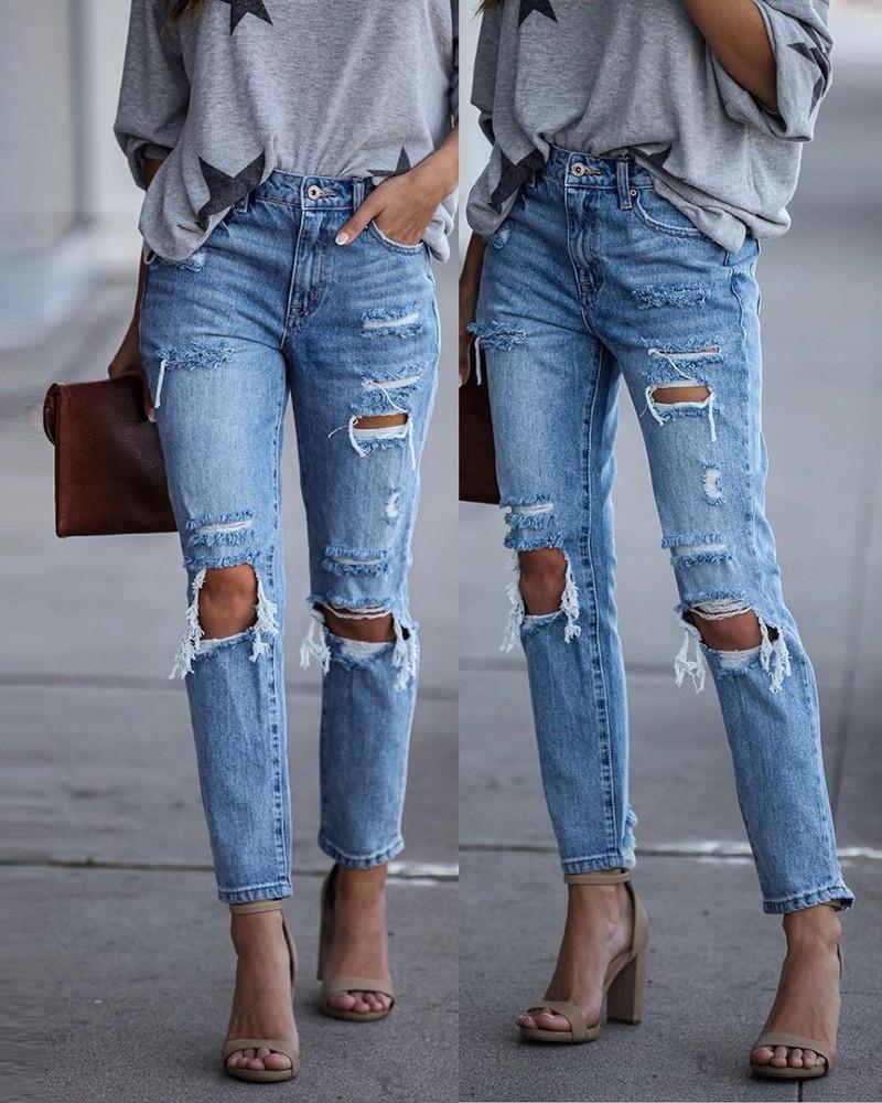 ripped cutout high waist button design jeans