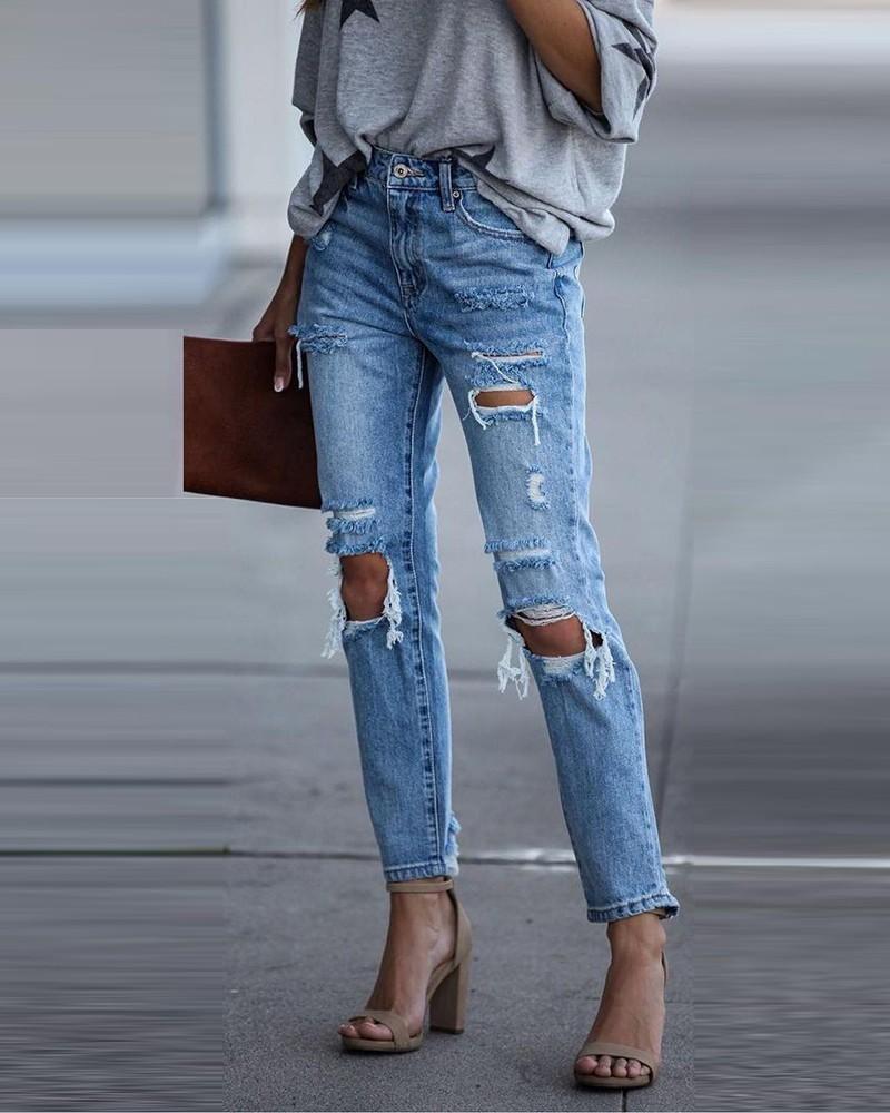 ripped cutout high waist button design jeans