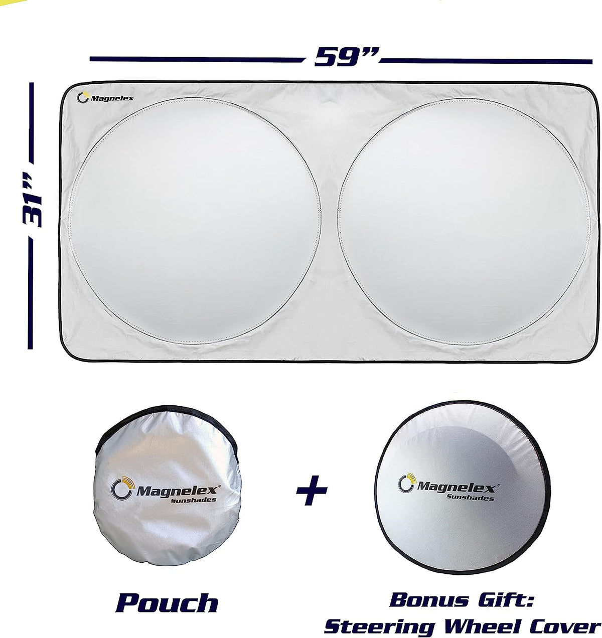 Magnelex Windshield Sunshade with Bonus Steering Wheel Sun Shade. Reflective Polyester Blocks Heat and Sun. Foldable Sun Shield Keeps Your Vehicle Cool (Medium 59 x 31 in)